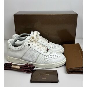 Auth Gucci Sneakers Men's GG Leather White PRAGA 212452 Shoes 7.5 G US 8 Eu 41.5